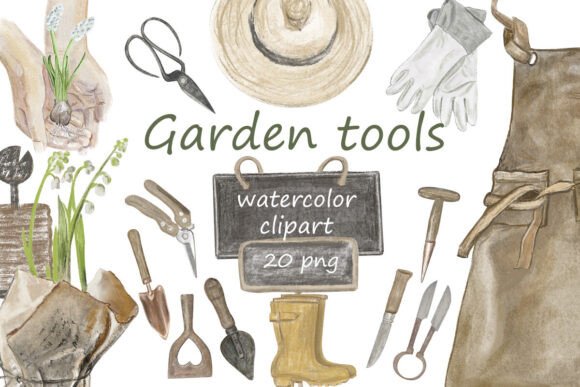 Download Watercolor Garden Tools Clipart Set - Garden tools Collection